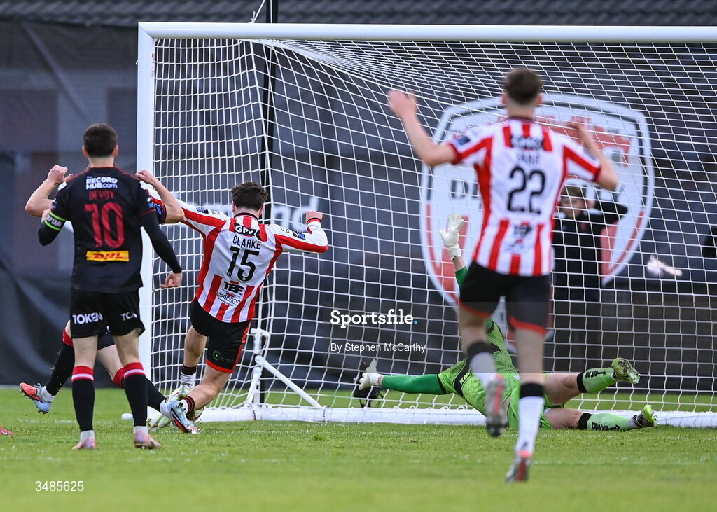 12 June 2026; James Clarke of Derry City scores his side's third goal past Bohemians goalkeeper Paul Walters during the SSE Airtricity Men’s Premier Division match between Derry City and Bohemians at Find Insurance Celtic Park in Derry. Photo by Stephen McCarthy/Sportsfile