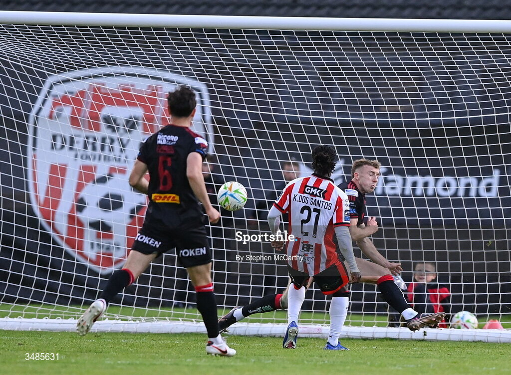 12 June 2026; Kevin dos Santos of Derry City scores his side's fourth goal during the SSE Airtricity Men’s Premier Division match between Derry City and Bohemians at Find Insurance Celtic Park in Derry. Photo by Stephen McCarthy/Sportsfile
