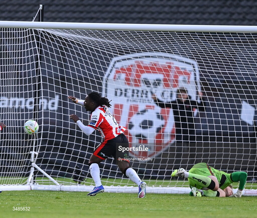 12 June 2026; Kevin dos Santos of Derry City scores his side's fourth goal during the SSE Airtricity Men’s Premier Division match between Derry City and Bohemians at Find Insurance Celtic Park in Derry. Photo by Stephen McCarthy/Sportsfile