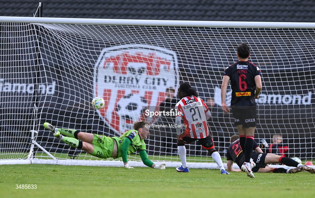 12 June 2026; Kevin dos Santos of Derry City scores his side's fourth goal during the SSE Airtricity Men’s Premier Division match between Derry City and Bohemians at Find Insurance Celtic Park in Derry. Photo by Stephen McCarthy/Sportsfile