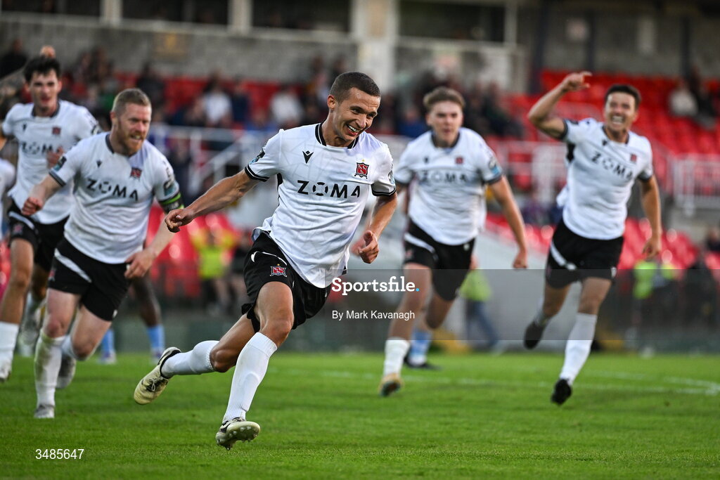12 June 2026; Tyreke Wilson of Dundalk celebrates after scoing his side's first goal during the SSE Airtricity Men’s Premier Division match between Galway United and Dundalk at Turner's Cross Stadium in Cork. Photo by Mark Kavanagh/Sportsfile