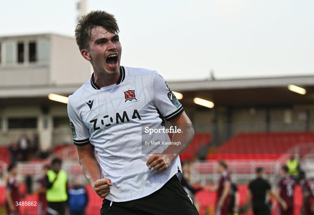 12 June 2026; Eoin Kenny of Dundalk celebrates after the SSE Airtricity Men’s Premier Division match between Galway United and Dundalk at Turner's Cross Stadium in Cork. Photo by Mark Kavanagh/Sportsfile