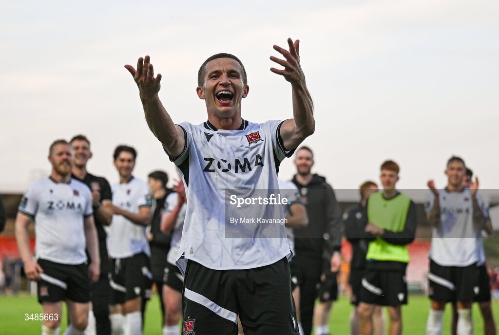 12 June 2026; Tyreke Wilson of Dundalk celebrates after the SSE Airtricity Men’s Premier Division match between Galway United and Dundalk at Turner's Cross Stadium in Cork. Photo by Mark Kavanagh/Sportsfile