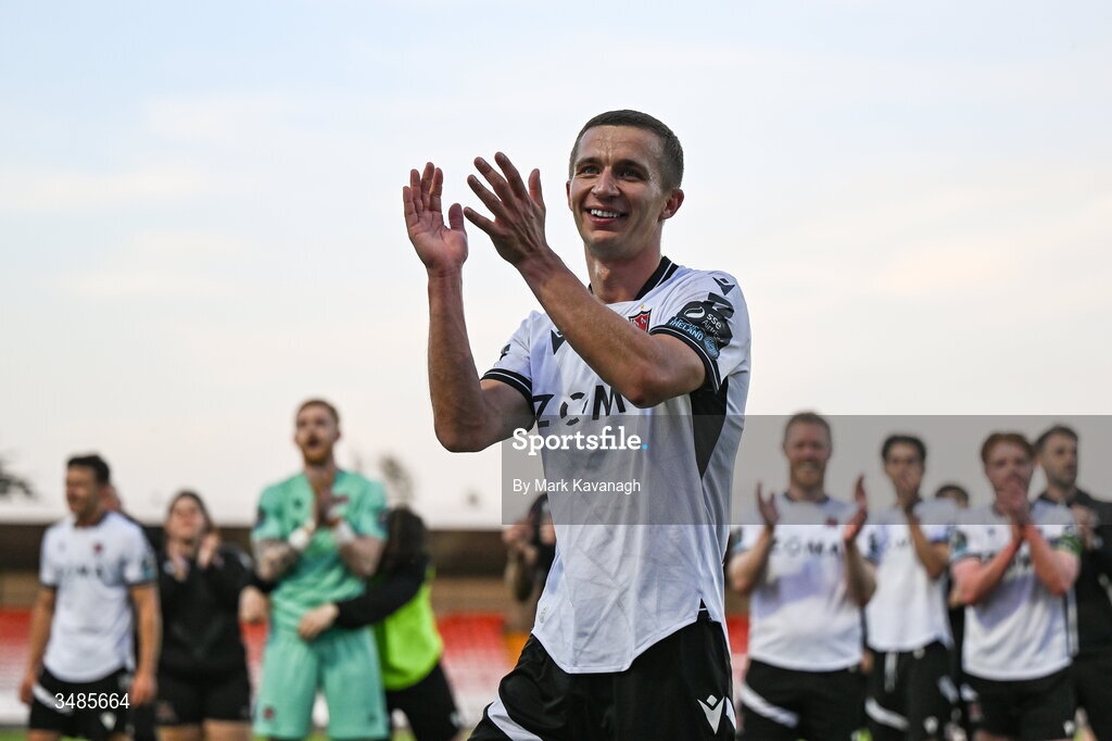 12 June 2026; Tyreke Wilson of Dundalk celebrates after the SSE Airtricity Men’s Premier Division match between Galway United and Dundalk at Turner's Cross Stadium in Cork. Photo by Mark Kavanagh/Sportsfile