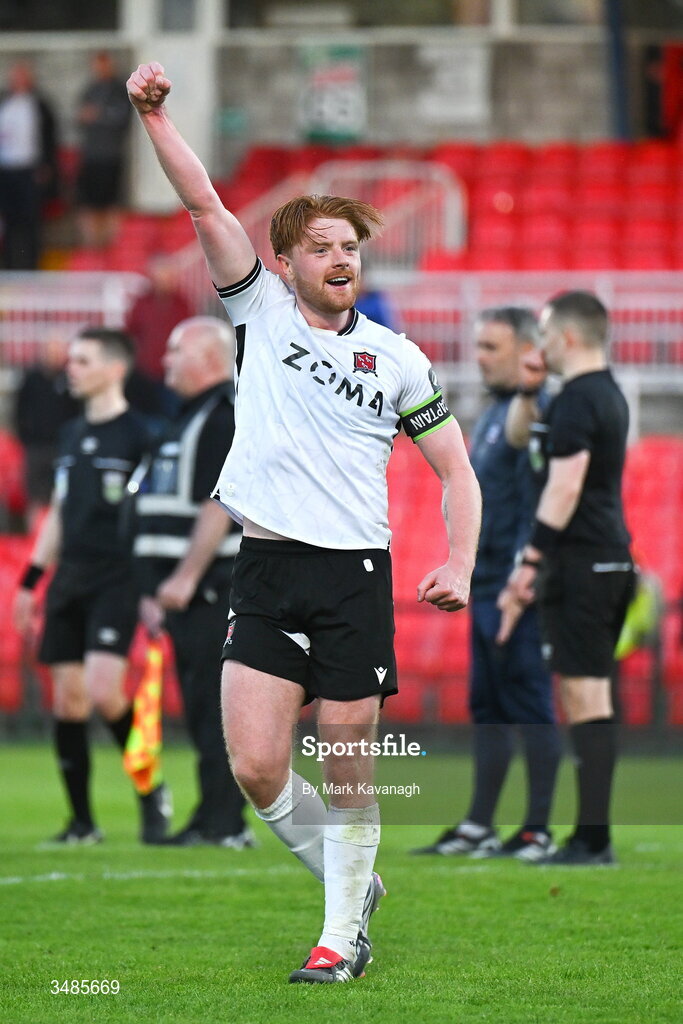 12 June 2026; Aodh Dervin of Dundalk celebrates after the SSE Airtricity Men’s Premier Division match between Galway United and Dundalk at Turner's Cross Stadium in Cork. Photo by Mark Kavanagh/Sportsfile