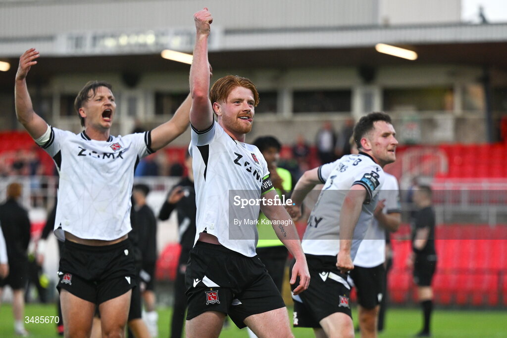 12 June 2026; Aodh Dervin of Dundalk, centre, celebrates with teammates John Ross Wilson, left, and Bobby Burns, right, after their side's victory in the SSE Airtricity Men’s Premier Division match between Galway United and Dundalk at Turner's Cross Stadium in Cork. Photo by Mark Kavanagh/Sportsfile