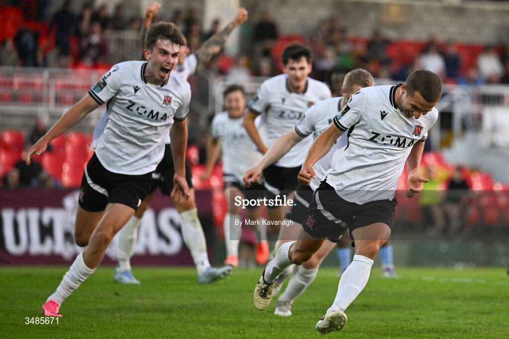 12 June 2026; Tyreke Wilson of Dundalk celebrates after scoring his side's first goal during the SSE Airtricity Men’s Premier Division match between Galway United and Dundalk at Turner's Cross Stadium in Cork. Photo by Mark Kavanagh/Sportsfile