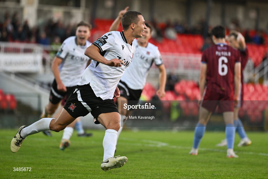 12 June 2026; Tyreke Wilson of Dundalk celebrates after scoring his side's first goal during the SSE Airtricity Men’s Premier Division match between Galway United and Dundalk at Turner's Cross Stadium in Cork. Photo by Mark Kavanagh/Sportsfile