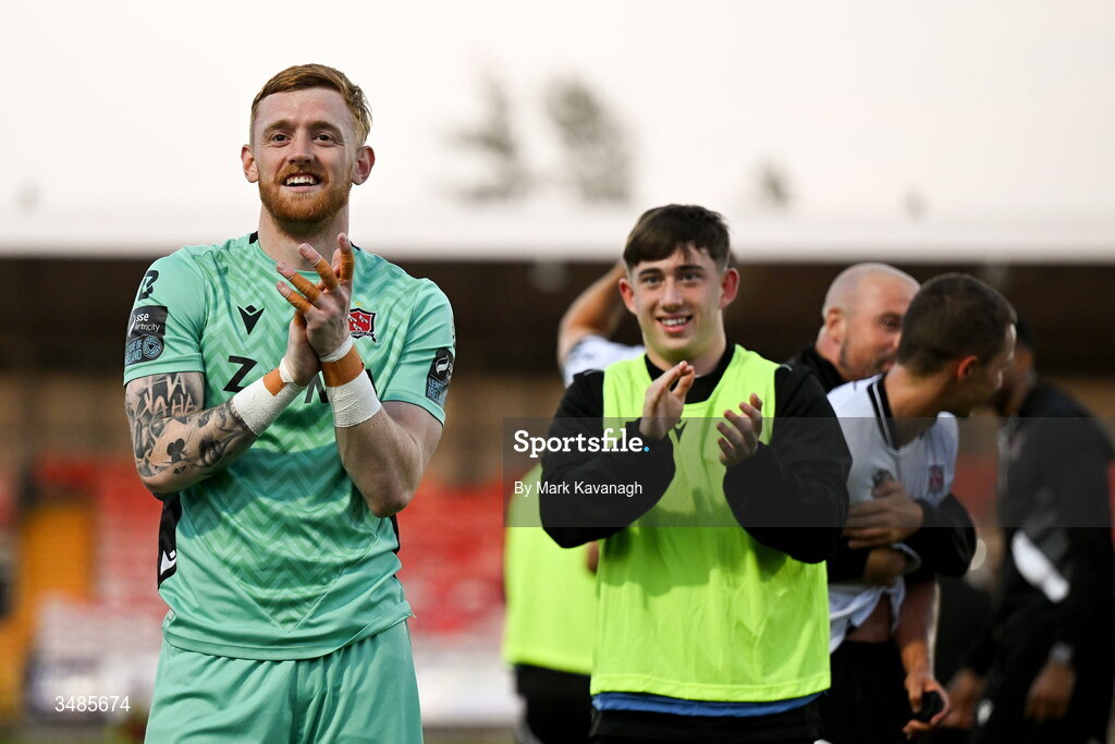 12 June 2026; Dundalk goalkeeper Enda Minogue celebrates after the SSE Airtricity Men’s Premier Division match between Galway United and Dundalk at Turner's Cross Stadium in Cork. Photo by Mark Kavanagh/Sportsfile