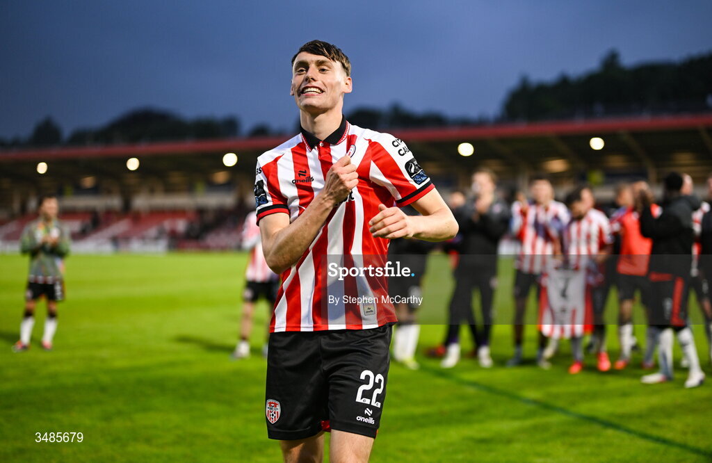 12 June 2026; Conor Barr of Derry City celebrates after the SSE Airtricity Men’s Premier Division match between Derry City and Bohemians at Find Insurance Celtic Park in Derry. Photo by Stephen McCarthy/Sportsfile