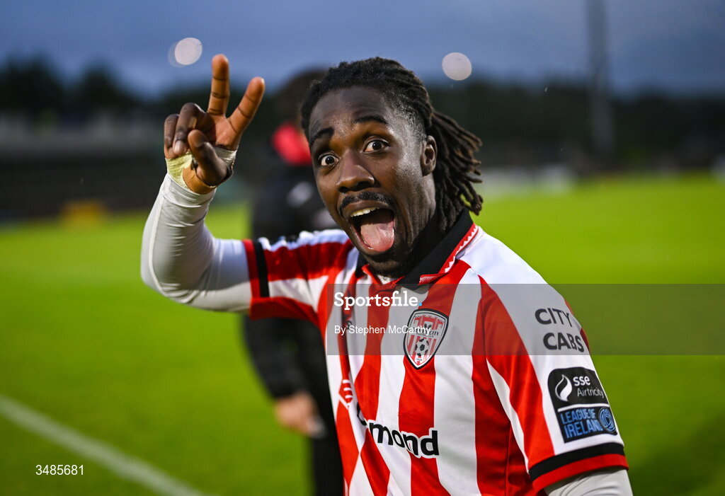 12 June 2026; Kevin dos Santos of Derry City celebrates after the SSE Airtricity Men’s Premier Division match between Derry City and Bohemians at Find Insurance Celtic Park in Derry. Photo by Stephen McCarthy/Sportsfile