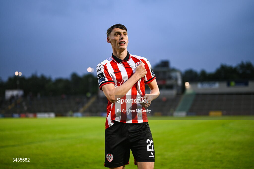 12 June 2026; Conor Barr of Derry City celebrates after the SSE Airtricity Men’s Premier Division match between Derry City and Bohemians at Find Insurance Celtic Park in Derry. Photo by Stephen McCarthy/Sportsfile