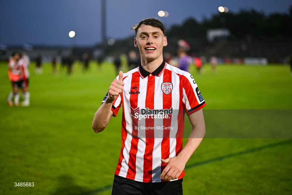 12 June 2026; Conor Barr of Derry City celebrates after the SSE Airtricity Men’s Premier Division match between Derry City and Bohemians at Find Insurance Celtic Park in Derry. Photo by Stephen McCarthy/Sportsfile