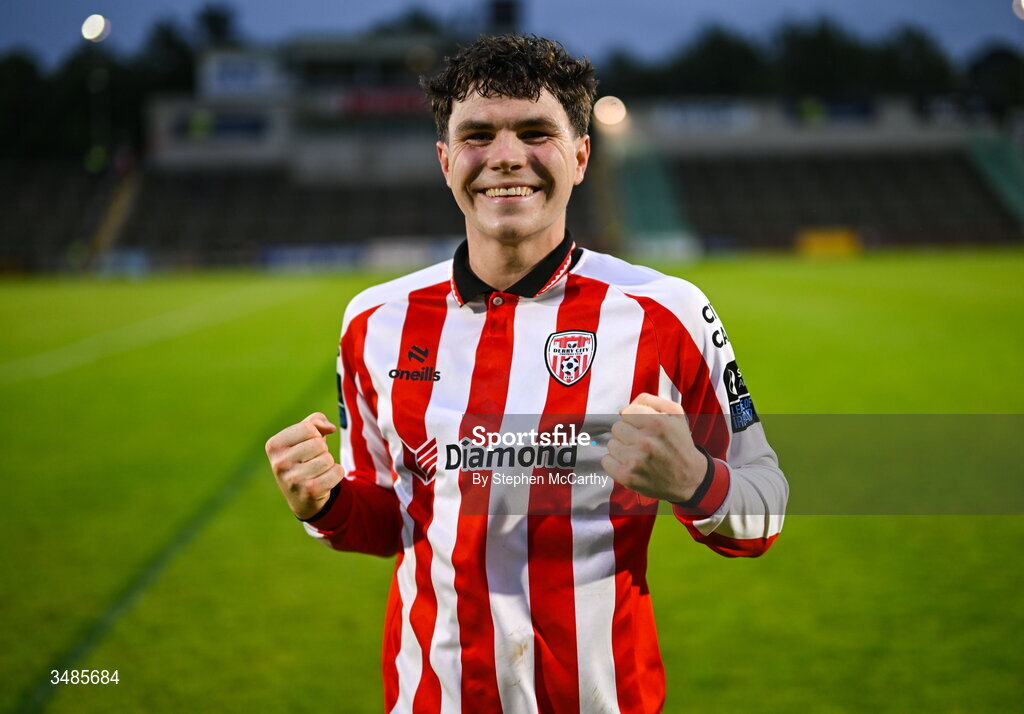 12 June 2026; James Clarke of Derry City celebrates after the SSE Airtricity Men’s Premier Division match between Derry City and Bohemians at Find Insurance Celtic Park in Derry. Photo by Stephen McCarthy/Sportsfile
