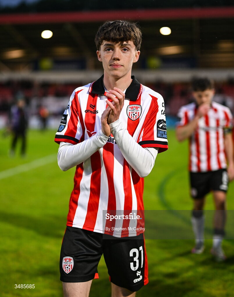 12 June 2026; Callum Downey of Derry City celebrates after the SSE Airtricity Men’s Premier Division match between Derry City and Bohemians at Find Insurance Celtic Park in Derry. Photo by Stephen McCarthy/Sportsfile