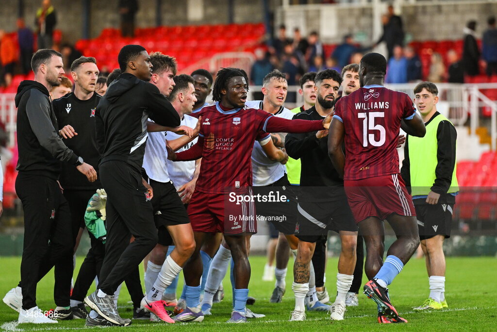 12 June 2026; Dundalk and Galway United players tussle after the SSE Airtricity Men’s Premier Division match between Galway United and Dundalk at Turner's Cross Stadium in Cork. Photo by Mark Kavanagh/Sportsfile