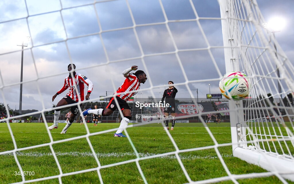 12 June 2026; Kevin dos Santos of Derry City celebrates after scoring his side's fourth goal during the SSE Airtricity Men’s Premier Division match between Derry City and Bohemians at Find Insurance Celtic Park in Derry. Photo by Stephen McCarthy/Sportsfile