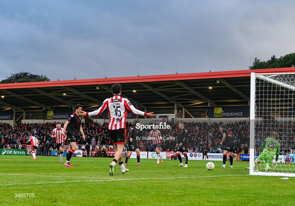 12 June 2026; James Clarke of Derry City celebrates after scoring his side's third goal during the SSE Airtricity Men’s Premier Division match between Derry City and Bohemians at Find Insurance Celtic Park in Derry. Photo by Stephen McCarthy/Sportsfile