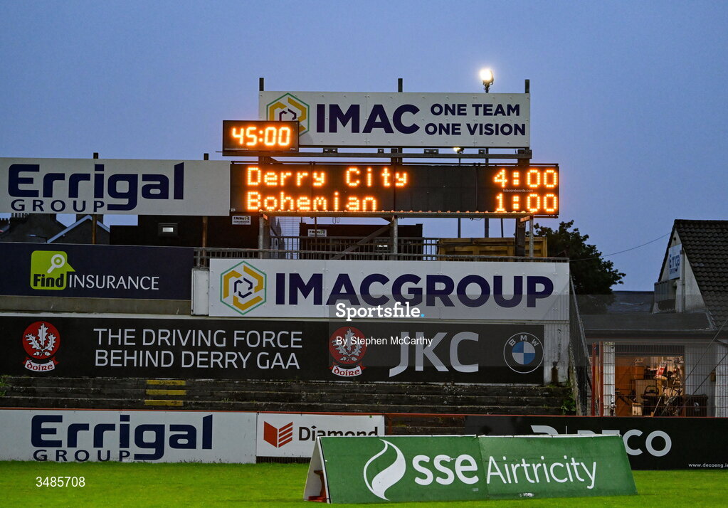 12 June 2026; A general view of the scorebaord showing the final score of Derry City 4 Bohemians 1 after the SSE Airtricity Men’s Premier Division match between Derry City and Bohemians at Find Insurance Celtic Park in Derry. Photo by Stephen McCarthy/Sportsfile