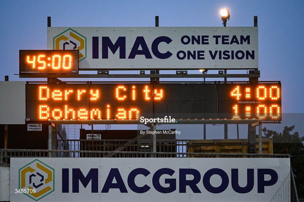 12 June 2026; A general view of the scorebaord showing the final score of Derry City 4 Bohemians 1 after the SSE Airtricity Men’s Premier Division match between Derry City and Bohemians at Find Insurance Celtic Park in Derry. Photo by Stephen McCarthy/Sportsfile