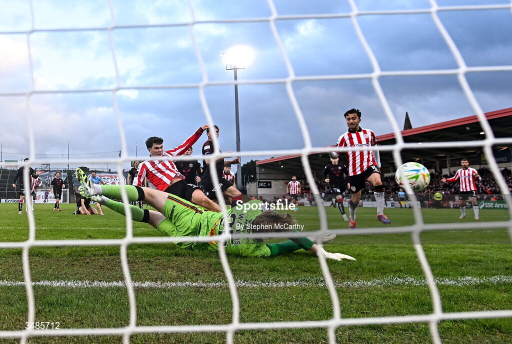 12 June 2026; James Clarke of Derry City scores his side's third goal during the SSE Airtricity Men’s Premier Division match between Derry City and Bohemians at Find Insurance Celtic Park in Derry. Photo by Stephen McCarthy/Sportsfile