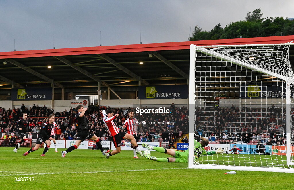 12 June 2026; James Clarke of Derry City scores his side's third goal during the SSE Airtricity Men’s Premier Division match between Derry City and Bohemians at Find Insurance Celtic Park in Derry. Photo by Stephen McCarthy/Sportsfile
