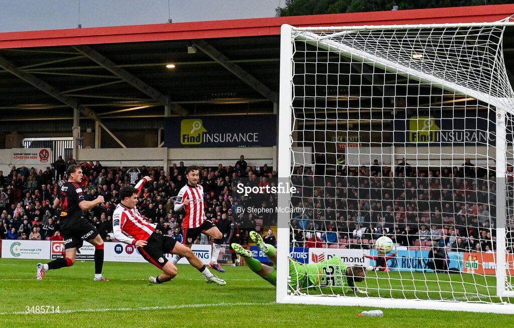 12 June 2026; James Clarke of Derry City scores his side's third goal during the SSE Airtricity Men’s Premier Division match between Derry City and Bohemians at Find Insurance Celtic Park in Derry. Photo by Stephen McCarthy/Sportsfile