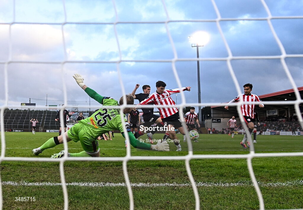 12 June 2026; James Clarke of Derry City scores his side's third goal during the SSE Airtricity Men’s Premier Division match between Derry City and Bohemians at Find Insurance Celtic Park in Derry. Photo by Stephen McCarthy/Sportsfile