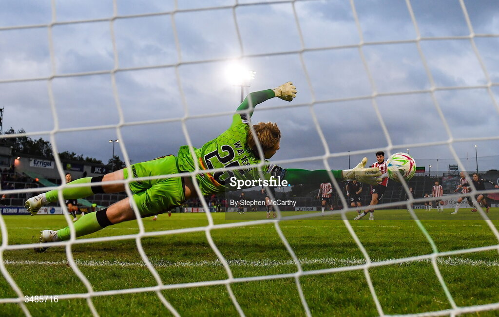 12 June 2026; James Clarke of Derry City has a penalty saved by Bohemians goalkeeper Paul Walters during the SSE Airtricity Men’s Premier Division match between Derry City and Bohemians at Find Insurance Celtic Park in Derry. Photo by Stephen McCarthy/Sportsfile