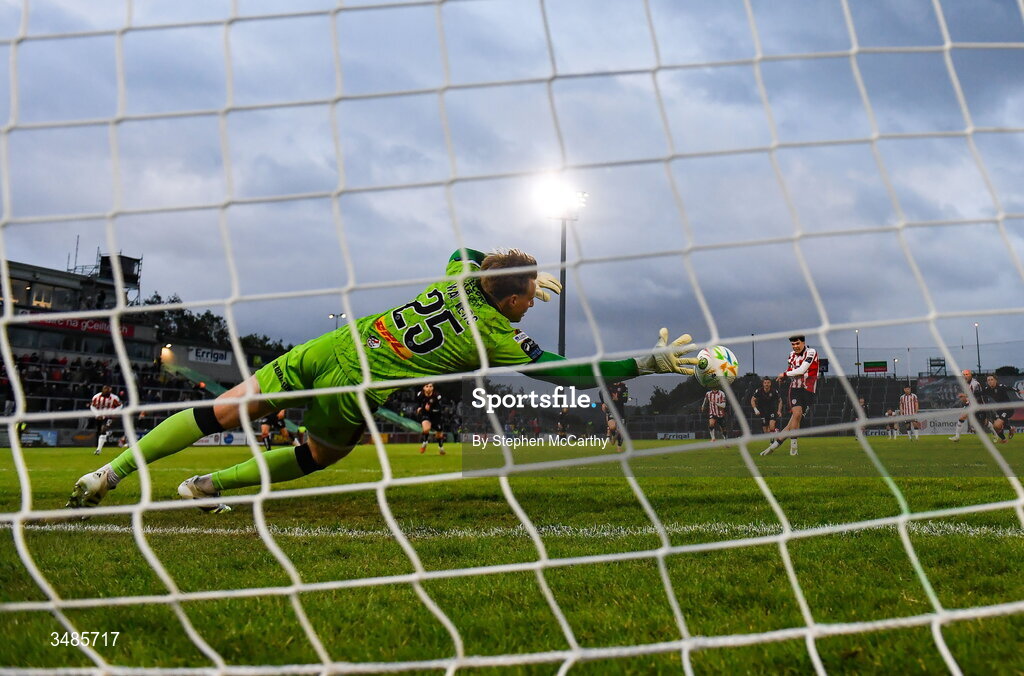 12 June 2026; James Clarke of Derry City has a penalty saved by Bohemians goalkeeper Paul Walters during the SSE Airtricity Men’s Premier Division match between Derry City and Bohemians at Find Insurance Celtic Park in Derry. Photo by Stephen McCarthy/Sportsfile