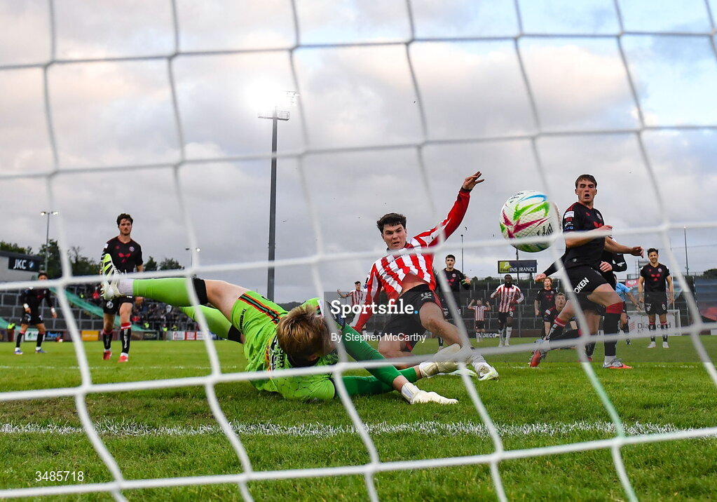 12 June 2026; James Clarke of Derry City scores his side's third goal during the SSE Airtricity Men’s Premier Division match between Derry City and Bohemians at Find Insurance Celtic Park in Derry. Photo by Stephen McCarthy/Sportsfile