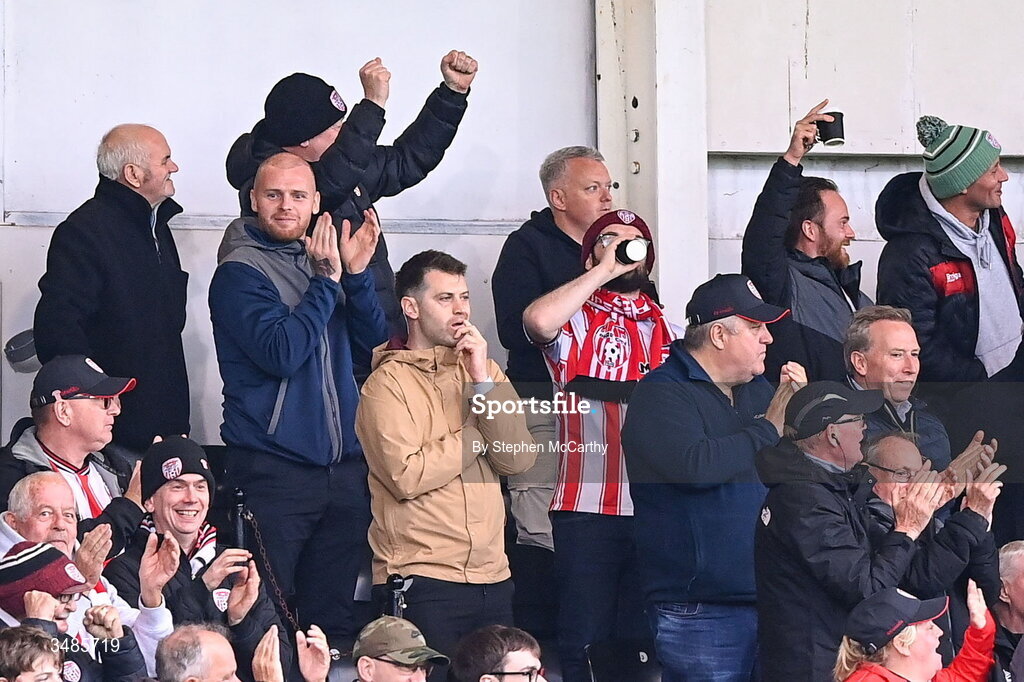 12 June 2026; Newly appoined Derry City director of football Mark Connolly applauds after Conor Barr scored their second goal during the SSE Airtricity Men’s Premier Division match between Derry City and Bohemians at Find Insurance Celtic Park in Derry. Photo by Stephen McCarthy/Sportsfile