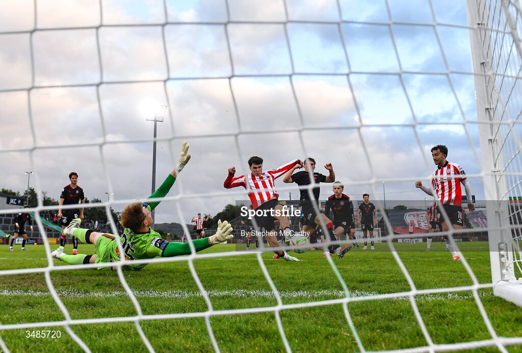 12 June 2026; James Clarke of Derry City scores his side's third goal during the SSE Airtricity Men’s Premier Division match between Derry City and Bohemians at Find Insurance Celtic Park in Derry. Photo by Stephen McCarthy/Sportsfile