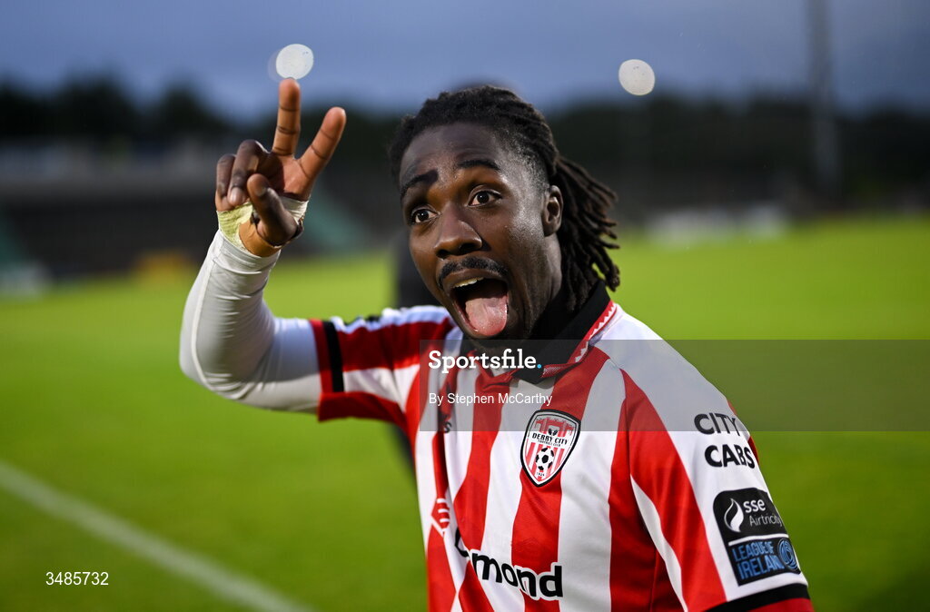 12 June 2026; Kevin dos Santos of Derry City celebrates after the SSE Airtricity Men’s Premier Division match between Derry City and Bohemians at Find Insurance Celtic Park in Derry. Photo by Stephen McCarthy/Sportsfile