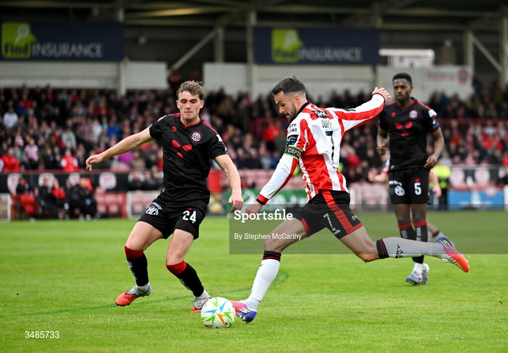 12 June 2026; Michael Duffy of Derry City during the SSE Airtricity Men’s Premier Division match between Derry City and Bohemians at Find Insurance Celtic Park in Derry. Photo by Stephen McCarthy/Sportsfile