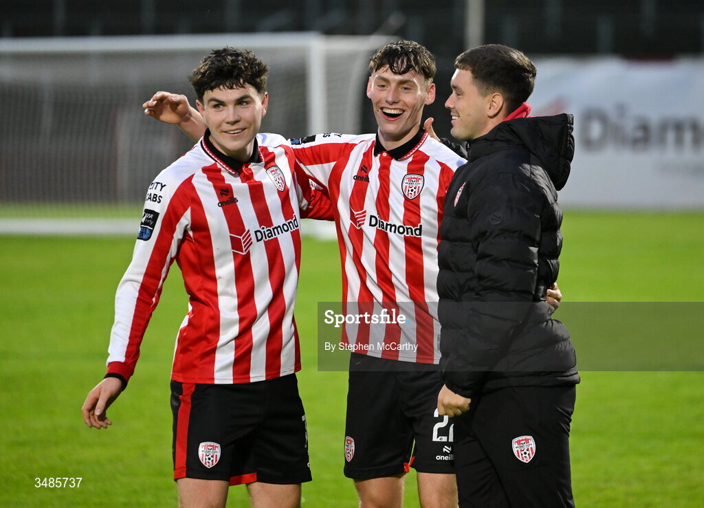 12 June 2026; Derry City players, from left, James Clarke, Conor Barr and Brian Maher celebrate after the SSE Airtricity Men’s Premier Division match between Derry City and Bohemians at Find Insurance Celtic Park in Derry. Photo by Stephen McCarthy/Sportsfile