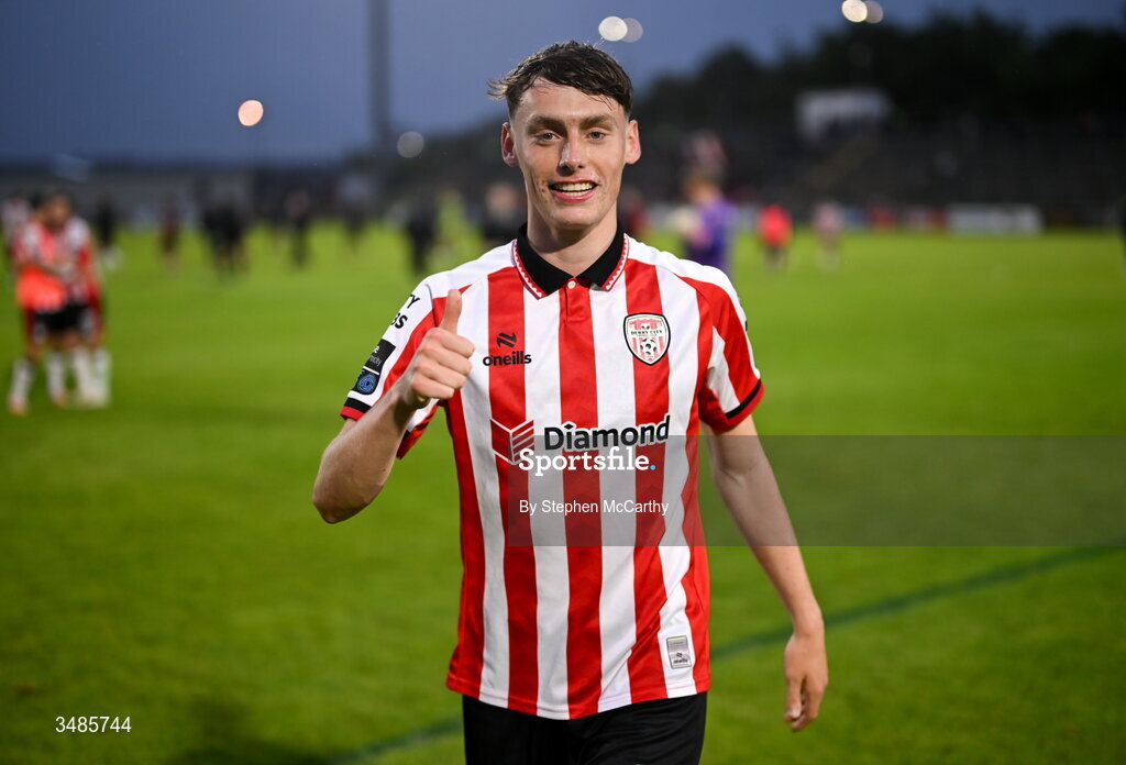 12 June 2026; Conor Barr of Derry City celebrates after the SSE Airtricity Men’s Premier Division match between Derry City and Bohemians at Find Insurance Celtic Park in Derry. Photo by Stephen McCarthy/Sportsfile