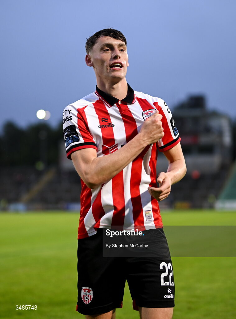 12 June 2026; Conor Barr of Derry City celebrates after the SSE Airtricity Men’s Premier Division match between Derry City and Bohemians at Find Insurance Celtic Park in Derry. Photo by Stephen McCarthy/Sportsfile