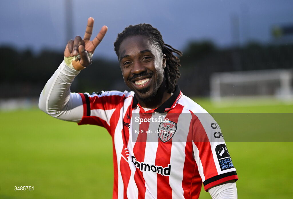 12 June 2026; Kevin dos Santos of Derry City celebrates after the SSE Airtricity Men’s Premier Division match between Derry City and Bohemians at Find Insurance Celtic Park in Derry. Photo by Stephen McCarthy/Sportsfile