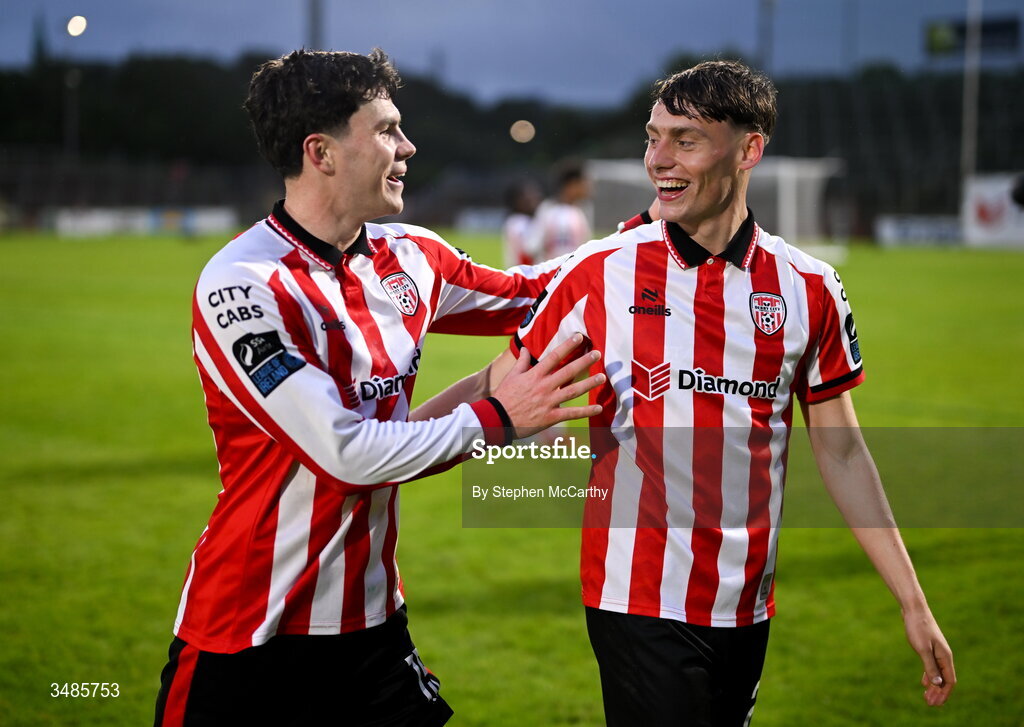 12 June 2026; Derry City players James Clarke, left, and Conor Barr celebrate after the SSE Airtricity Men’s Premier Division match between Derry City and Bohemians at Find Insurance Celtic Park in Derry. Photo by Stephen McCarthy/Sportsfile