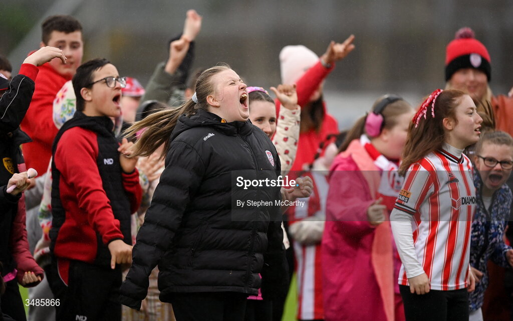 12 June 2026; Ardnashee School and College students perform on the pitch before the SSE Airtricity Men’s Premier Division match between Derry City and Bohemians at Find Insurance Celtic Park in Derry. Photo by Stephen McCarthy/Sportsfile
