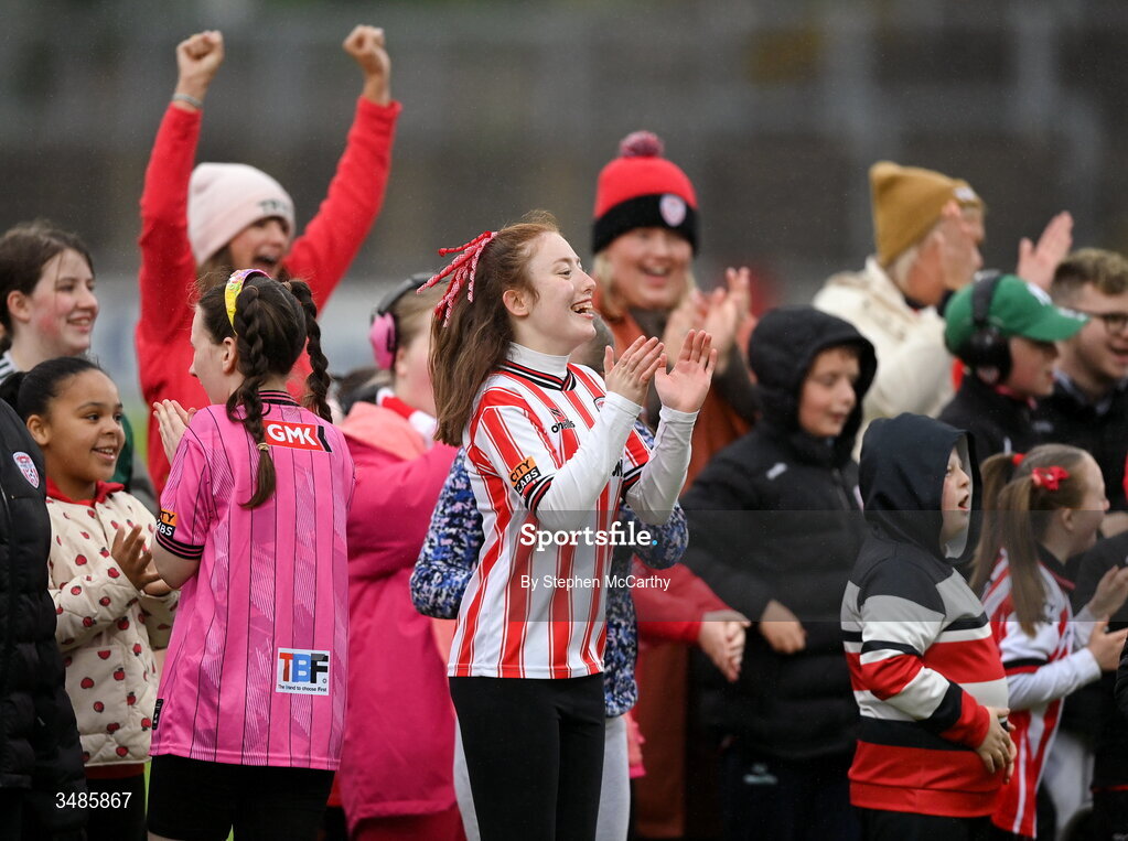 12 June 2026; Ardnashee School and College students perform on the pitch before the SSE Airtricity Men’s Premier Division match between Derry City and Bohemians at Find Insurance Celtic Park in Derry. Photo by Stephen McCarthy/Sportsfile
