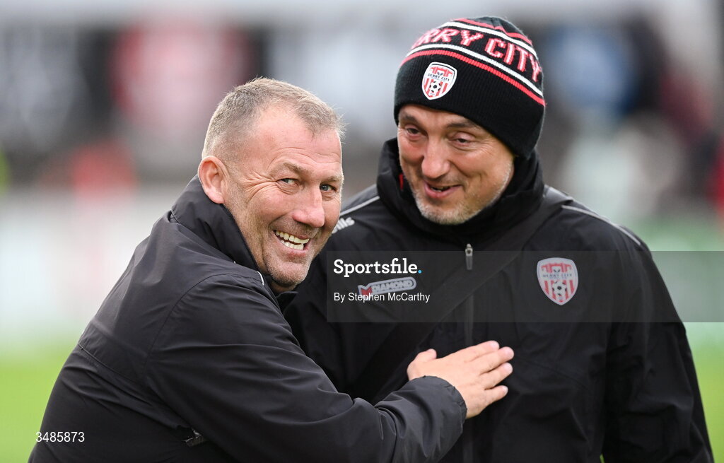 12 June 2026; Bohemians manager Alan Reynolds and Derry City physiotherapist Colum O'Neill, right, before the SSE Airtricity Men’s Premier Division match between Derry City and Bohemians at Find Insurance Celtic Park in Derry. Photo by Stephen McCarthy/Sportsfile