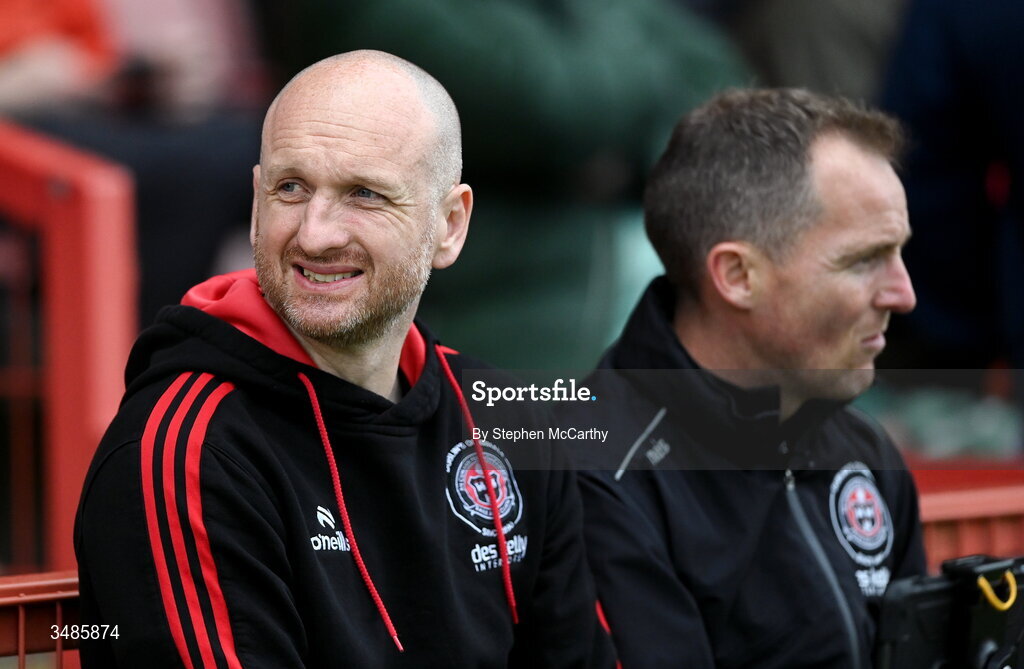 12 June 2026; Bohemians assistant manager Stephen O'Donnell, left, and first team coach Derek Pender before the SSE Airtricity Men’s Premier Division match between Derry City and Bohemians at Find Insurance Celtic Park in Derry. Photo by Stephen McCarthy/Sportsfile