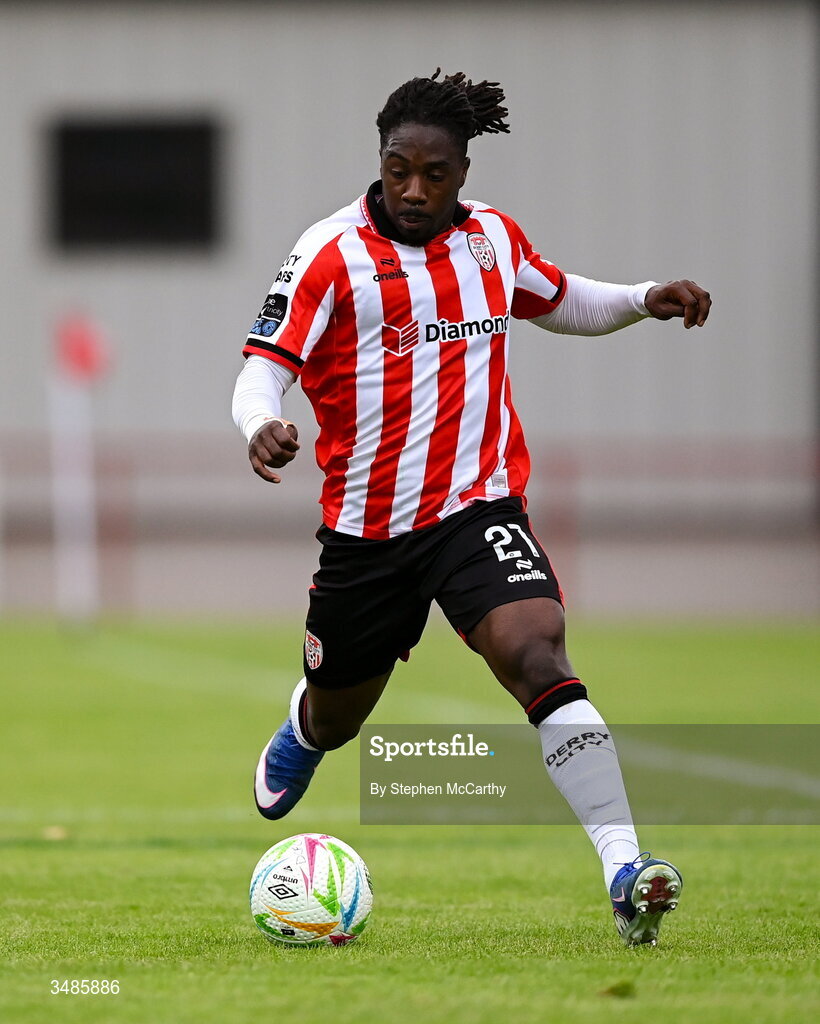 12 June 2026; Kevin dos Santos of Derry City during the SSE Airtricity Men’s Premier Division match between Derry City and Bohemians at Find Insurance Celtic Park in Derry. Photo by Stephen McCarthy/Sportsfile