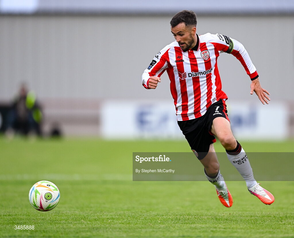 12 June 2026; Michael Duffy of Derry City during the SSE Airtricity Men’s Premier Division match between Derry City and Bohemians at Find Insurance Celtic Park in Derry. Photo by Stephen McCarthy/Sportsfile