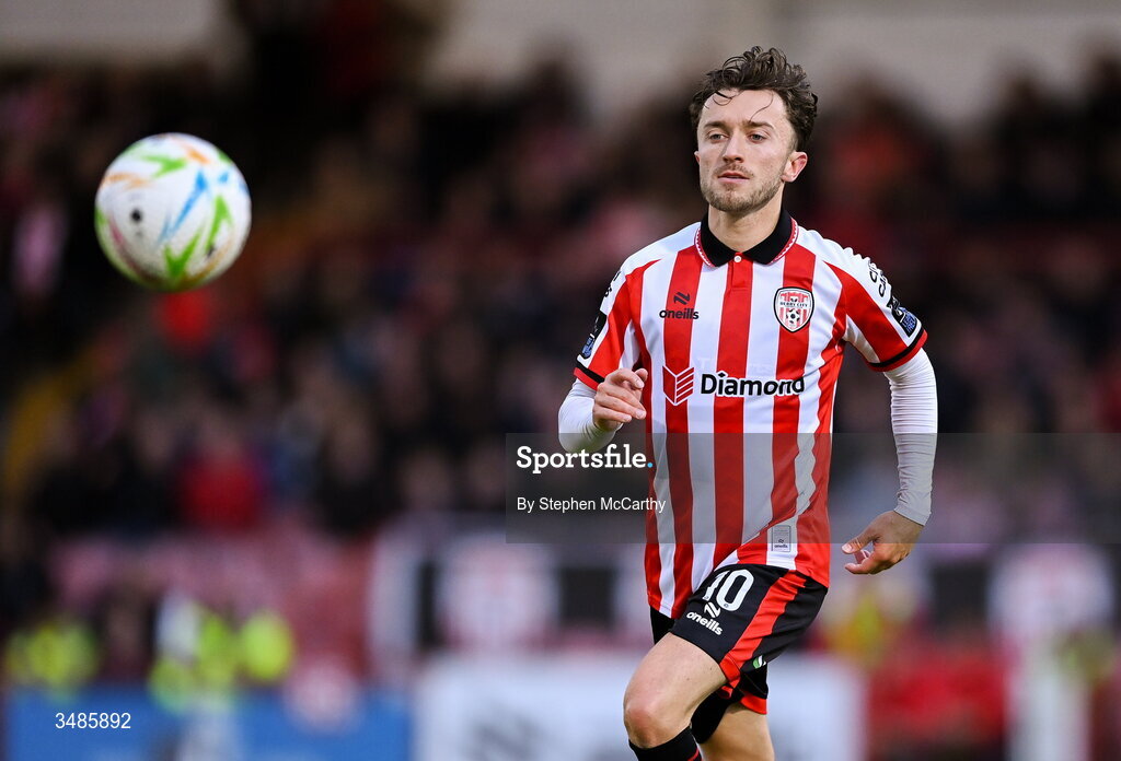12 June 2026; Darragh Markey of Derry City during the SSE Airtricity Men’s Premier Division match between Derry City and Bohemians at Find Insurance Celtic Park in Derry. Photo by Stephen McCarthy/Sportsfile