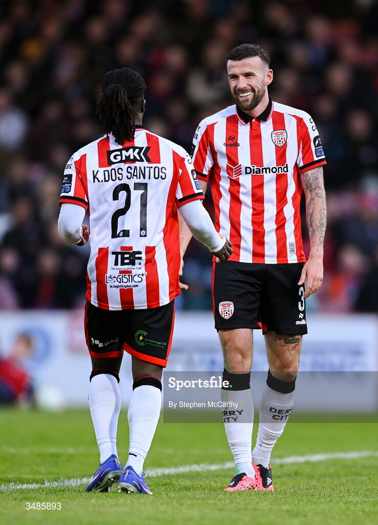 12 June 2026; Patrick McClean and Kevin dos Santos, left, of Derry City during the SSE Airtricity Men’s Premier Division match between Derry City and Bohemians at Find Insurance Celtic Park in Derry. Photo by Stephen McCarthy/Sportsfile