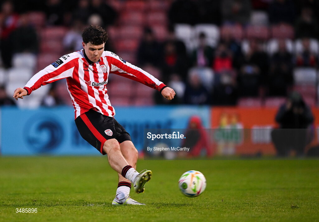 12 June 2026; James Clarke of Derry City takes a penalty, which was subsequently saved, during the SSE Airtricity Men’s Premier Division match between Derry City and Bohemians at Find Insurance Celtic Park in Derry. Photo by Stephen McCarthy/Sportsfile