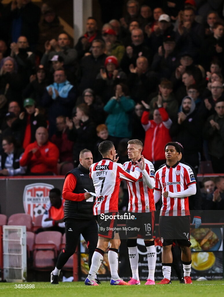 12 June 2026; James McClean of Derry City comes onto the pitch during a second half substitution to replace Michael Duffy during the SSE Airtricity Men’s Premier Division match between Derry City and Bohemians at Find Insurance Celtic Park in Derry. Photo by Stephen McCarthy/Sportsfile